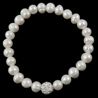 perle d'eau douce cultivée bracelet, avec Strass perle de Pave d'argile, blanc, 10mm, 8mm Environ 8 pouce, Vendu par brin