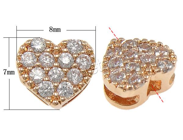 Cubic Zirconia Micro Pave Slide Charm, Brass, Heart, plated, micro pave cubic zirconia, more colors for choice, nickel, lead & cadmium free, 8x7x4mm, Hole:Approx 5x1.5mm, Sold By PC