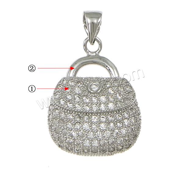Cubic Zirconia Micro Pave Brass Pendant, Handbag, plated, micro pave 89 pcs cubic zirconia, more colors for choice, 15.5x20.5x3mm, Hole:Approx 3x4mm, Sold By PC