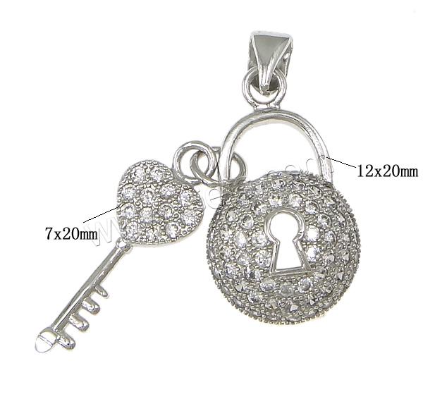 Cubic Zirconia Micro Pave Brass Pendant, Key, plated, micro pave 62 pcs cubic zirconia, more colors for choice, 12x20x4mm, 7x20mm, Hole:Approx 3x4mm, Sold By PC
