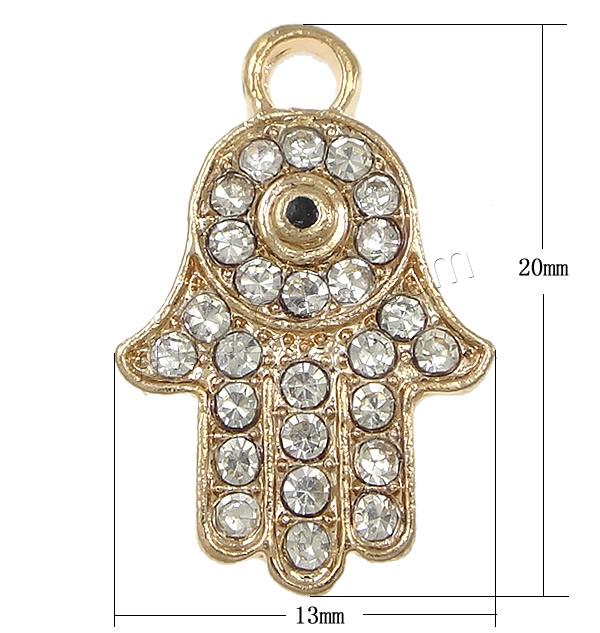 Zinc Alloy Hamsa Pendants, Hand, plated, Customized & with rhinestone, more colors for choice, nickel, lead & cadmium free, 13x20x2mm, Hole:Approx 2mm, Sold By PC