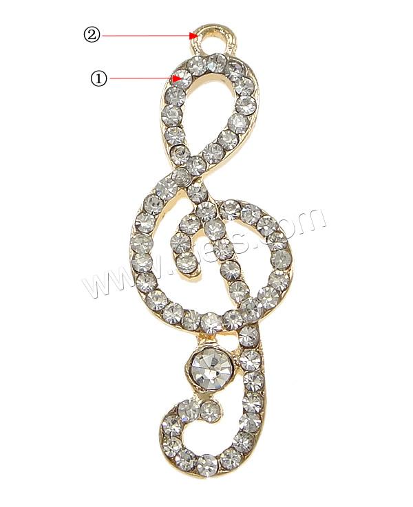 Musical Instrument Shaped Zinc Alloy Pendants, Music Note, plated, Customized & with rhinestone, more colors for choice, nickel, lead & cadmium free, 12x33x2mm, Hole:Approx 2mm, Sold By PC