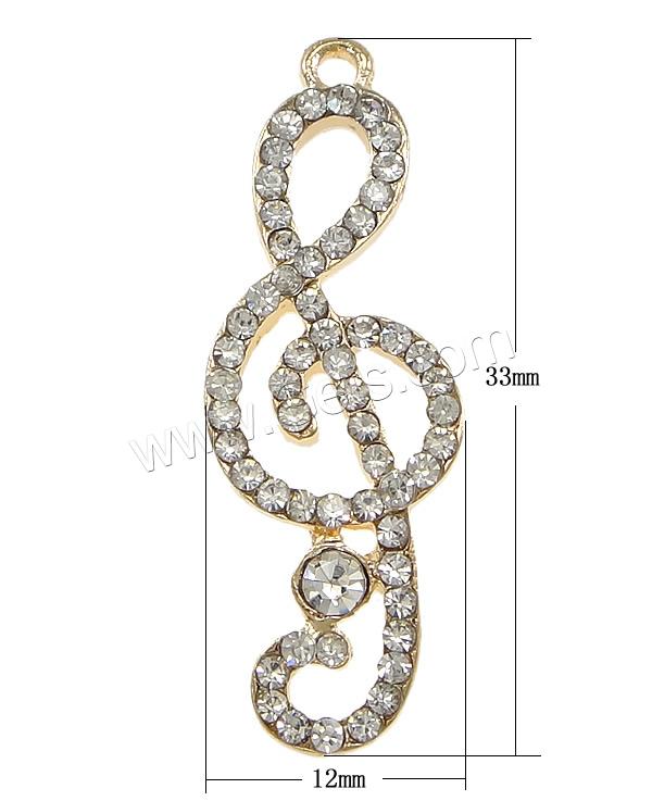 Musical Instrument Shaped Zinc Alloy Pendants, Music Note, plated, Customized & with rhinestone, more colors for choice, nickel, lead & cadmium free, 12x33x2mm, Hole:Approx 2mm, Sold By PC