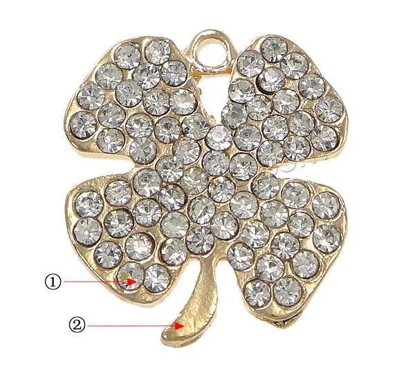 Zinc Alloy Clover Pendant, Four Leaf Clover, plated, Customized & with rhinestone, more colors for choice, nickel, lead & cadmium free, 21x24x2mm, Hole:Approx 2mm, Sold By PC