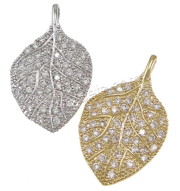 Cubic Zirconia Micro Pave Brass Pendant, Leaf, plated, micro pave cubic zirconia, more colors for choice, 17x28x2mm, Hole:Approx 1mm, Sold By PC