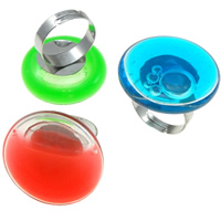 Glassturz Fingerring, Glas, mit Eisen, flache Runde, Platinfarbe platiniert, mit Flüssigkeit, gemischte Farben, 27x9mm,120x160x38mm, Größe:7.5, 12PCs/Box, verkauft von Box