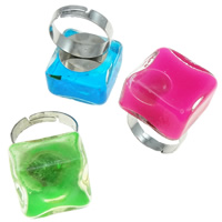 Glassturz Fingerring, Glas, mit Eisen, Quadrat, Platinfarbe platiniert, mit Flüssigkeit, gemischte Farben, 20x20x14mm,120x160x38mm, Größe:6.5, 12PCs/Box, verkauft von Box