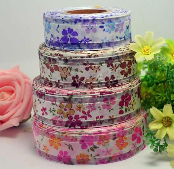 Organza Ribbon, with Satin Ribbon, printing, different size for choice & single-sided, mixed colors, 4PCs/Lot, 50Yards/PC, Sold By Lot