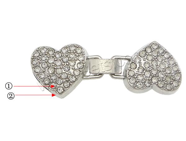 Zinc Alloy Fold Over Clasp, Heart, plated, Customized & with end cap & with rhinestone, more colors for choice, nickel, lead & cadmium free, 45x17x5mm, Hole:Approx 13x2mm, Sold By Set