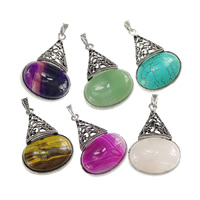 Gemstone Brass Pendants, with Brass, Flat Oval, platinum color plated & blacken Approx 