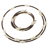Natural Freshwater Pearl Jewelry Sets, bracelet & necklace, with Velveteen & Brass 6-7mm Approx 13 Inch, Approx 18 Inch 