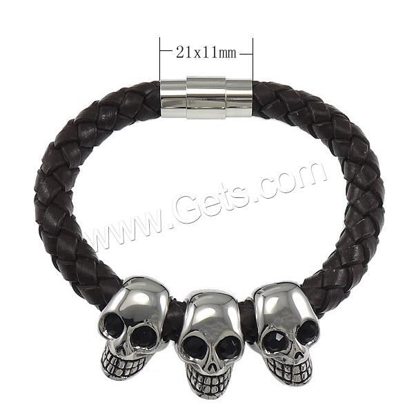 Men Bracelet, Cowhide, with 316 Stainless Steel, Skull, braided & with rhinestone & blacken, more colors for choice, 14x22mm, 21x11mm, 9mm, Length:Approx 8 Inch, Sold By Strand