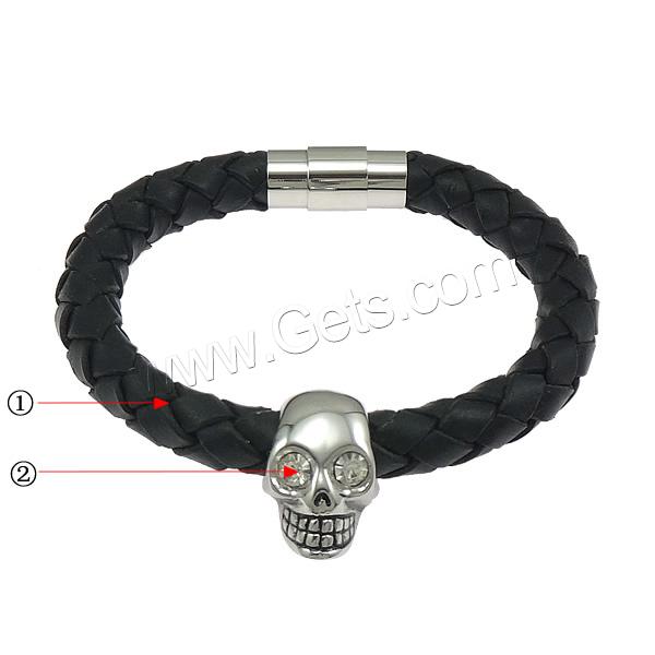Men Bracelet, Cowhide, with 316L Stainless Steel, Skull, braided & with rhinestone & blacken, more colors for choice, 14x23mm, 21x10mm, 9mm, Length:Approx 8.2 Inch, Sold By Strand