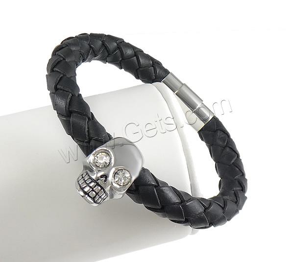 Men Bracelet, Cowhide, with 316L Stainless Steel, Skull, braided & with rhinestone & blacken, more colors for choice, 14x23mm, 21x10mm, 9mm, Length:Approx 8.2 Inch, Sold By Strand
