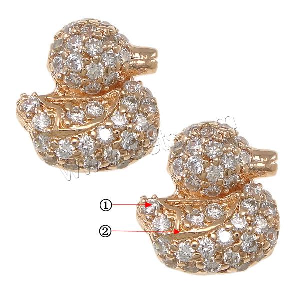 Cubic Zirconia Micro Pave Brass Beads, Duck, plated, micro pave cubic zirconia & hollow, more colors for choice, 9.5x10x5mm, Hole:Approx 1mm, Sold By PC