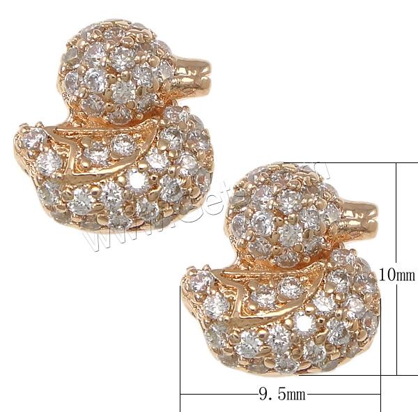 Cubic Zirconia Micro Pave Brass Beads, Duck, plated, micro pave cubic zirconia & hollow, more colors for choice, 9.5x10x5mm, Hole:Approx 1mm, Sold By PC