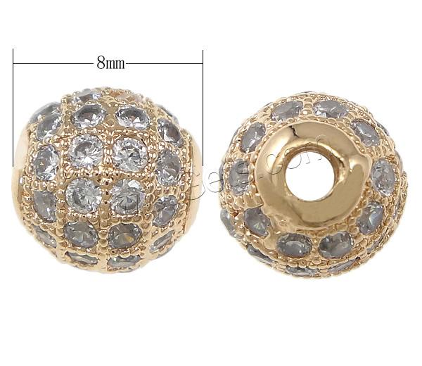 Cubic Zirconia Micro Pave Brass Beads, Round, plated, micro pave cubic zirconia, more colors for choice, 8mm, Hole:Approx 1.5mm, Sold By PC