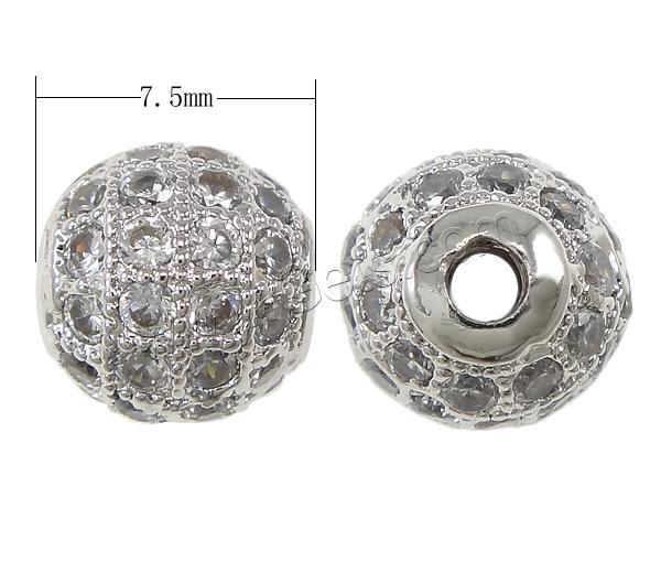 Cubic Zirconia Micro Pave Brass Beads, Round, plated, micro pave cubic zirconia, more colors for choice, 7.5mm, Hole:Approx 1.5mm, Sold By PC