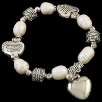 Bracelets de la BCC, perle d'eau douce cultivée, avec plastique revêtu de cuivre, coeur, naturel, blanc, 17.5mm Environ 7.5 pouce, Vendu par brin