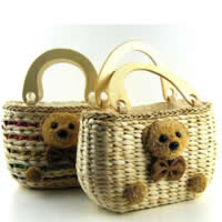 Straw Woven Tote, with Plush & Wood, Rectangle, mixed colors 
