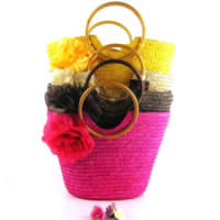 Straw Woven Tote, with Cloth & Wood 
