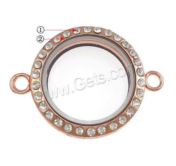 Zinc Alloy Floating Connector Locket, with Glass, Flat Round, plated, with photo locket & with rhinestone & 1/1 loop, more colors for choice, nickel, lead & cadmium free, 41x30x7mm, Hole:Approx 3.5mm, Inner Diameter:Approx 22mm, Sold By PC