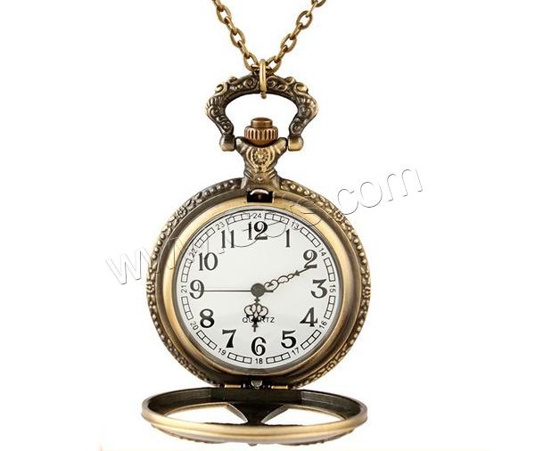 Uhr-Halskette, Zinklegierung, mit organisches Glas, flache Runde, antike Bronzefarbe plattiert, Oval-Kette, frei von Blei & Kadmium, Länge:ca. 31.5 ZollInch, verkauft von Strang