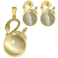 Rhinestone stainless steel Jewelry Set, 304 Stainless Steel, pendant & earring, with Cats Eye, Swan, plated, with rhinestone Approx 