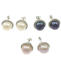 Arito de perla natural de plata esterlina , plata de ley 925, con perla, Redondo aplanado, micro arcilla de zirconia cúbica, más colores para la opción, 9-10mm, 12.5x10mm, Vendido por Par