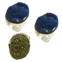 Natural Quartz Druzy Finger Ring, with Brass, Oval, plated, mixed colors, 12-40mm, US Ring .5 