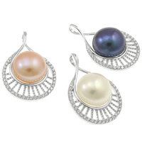 Colgantes de plata esterlina de perlas cultivadas, plata de ley 925, con perla, Gota, natural, micro arcilla de zirconia cúbica, más colores para la opción, 10-11mm, 17.5x26x10mm, agujero:aproximado 3mm, Vendido por UD
