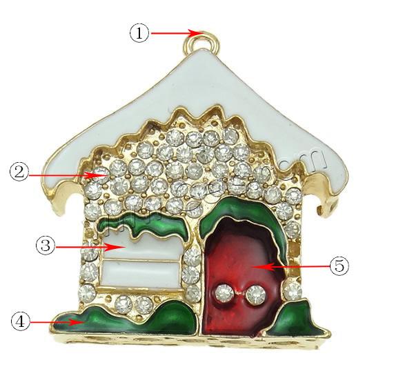 Zinc Alloy Building Pendants, House, plated, Customized & enamel & with rhinestone & hollow, more colors for choice, nickel, lead & cadmium free, 46x51x13.5mm, Hole:Approx 3mm, Sold By PC