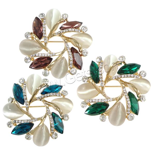 Cats Eye Brooch, Zinc Alloy, with Cats Eye & Glass, Flower, plated, faceted & with rhinestone, more colors for choice, 43.5x45x10mm, Sold By PC