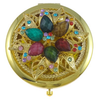 Iron Cosmetic Mirror, with Glass & Resin, Flat Round, gold color plated, with rhinestone, nickel, lead & cadmium free 