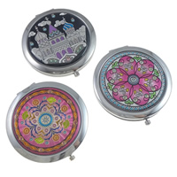 Iron Cosmetic Mirror, with Glass, Flat Round, printing, mixed pattern, nickel, lead & cadmium free 