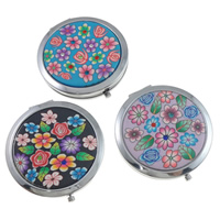 Iron Cosmetic Mirror, with Polymer Clay & Glass, Flat Round, platinum color plated nickel, lead & cadmium free 