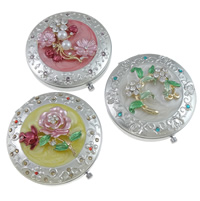Iron Cosmetic Mirror, with Glass & ABS Plastic, Flat Round, silver color plated & enamel & with rhinestone nickel, lead & cadmium free 
