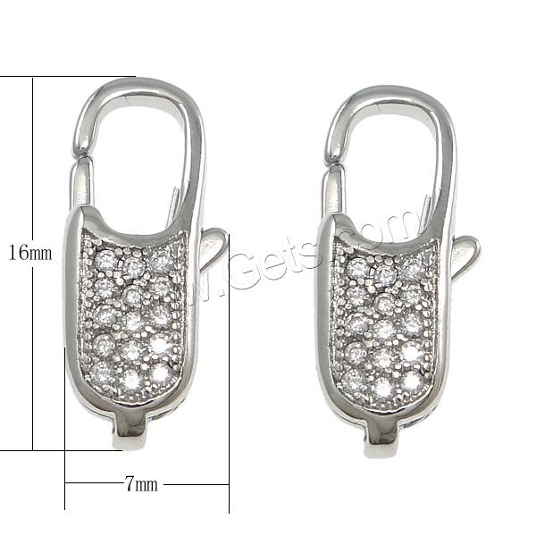 Brass Lobster Claw Clasp, plated, Customized & micro pave cubic zirconia, more colors for choice, nickel, lead & cadmium free, 7x16x4mm, Hole:Approx 4x6mm, Sold By PC