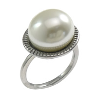 Stainless Steel Glass Pearl Finger Ring, with Glass Pearl, Round, original color, 17.5mm, US Ring 