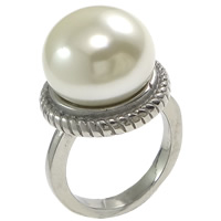Stainless Steel Glass Pearl Finger Ring, with Glass Pearl, Round, original color, 12mm, US Ring 