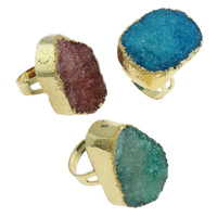 Natural Quartz Druzy Finger Ring, with Brass, Nuggets, gold color plated, adjustable, mixed colors, 9-37mm, US Ring .5 