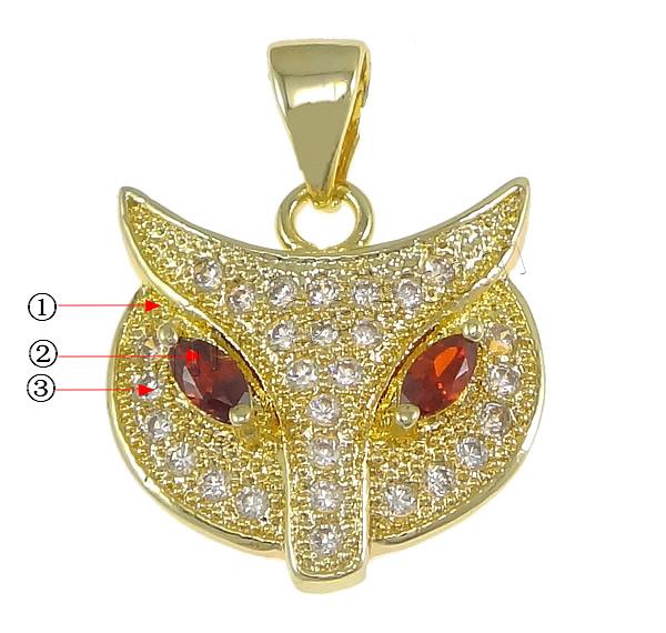 Cubic Zirconia Micro Pave Brass Pendant, Owl, plated, micro pave 30 pcs cubic zirconia, more colors for choice, 15x15x3mm, Hole:Approx 3.5x4.5mm, Sold By PC