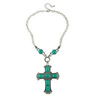 Turquoise Zinc Alloy Necklace, with iron chain & turquoise, with 5cm extender chain, Cross, antique silver color plated, oval chain, nickel, lead & cadmium free Approx 17.5 Inch 