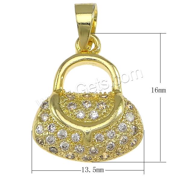 Cubic Zirconia Micro Pave Brass Pendant, Handbag, plated, micro pave 33 pcs cubic zirconia, more colors for choice, 13.5x16x3.5mm, Hole:Approx 3.5x4mm, Sold By PC