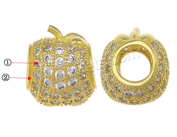 Cubic Zirconia Micro Pave Brass European Bead, Apple, plated, micro pave 83 pcs cubic zirconia & without troll, more colors for choice, lead & cadmium free, 10x12x10mm, Hole:Approx 5mm, Sold By PC