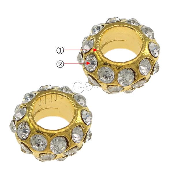 Rhinestone Zinc Alloy European Beads, Rondelle, plated, with rhinestone & large hole, more colors for choice, nickel, lead & cadmium free, 12x12x6mm, Hole:Approx 5.5mm, Sold By PC