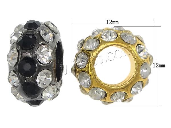 Rhinestone Zinc Alloy European Beads, Rondelle, plated, with rhinestone & large hole, more colors for choice, nickel, lead & cadmium free, 12x12x6mm, Hole:Approx 5.5mm, Sold By PC