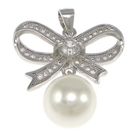 Cultured Pearl Sterling Silver Pendants, 925 Sterling Silver, with Freshwater Pearl, Bowknot, with cubic zirconia, 25.5mm Approx 