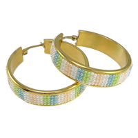 Stainless Steel Hoop Earring, 304 Stainless Steel, with Clay Pave & Plastic Pearl, gold color plated 
