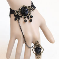 Gothic Bracelet Ring, Lace, with Satin Ribbon & Crystal & Zinc Alloy, with 1.5Inch extender chain, Flower, plated, adjustable & faceted, nickel, lead & cadmium free US Ring  Approx 6 Inch 